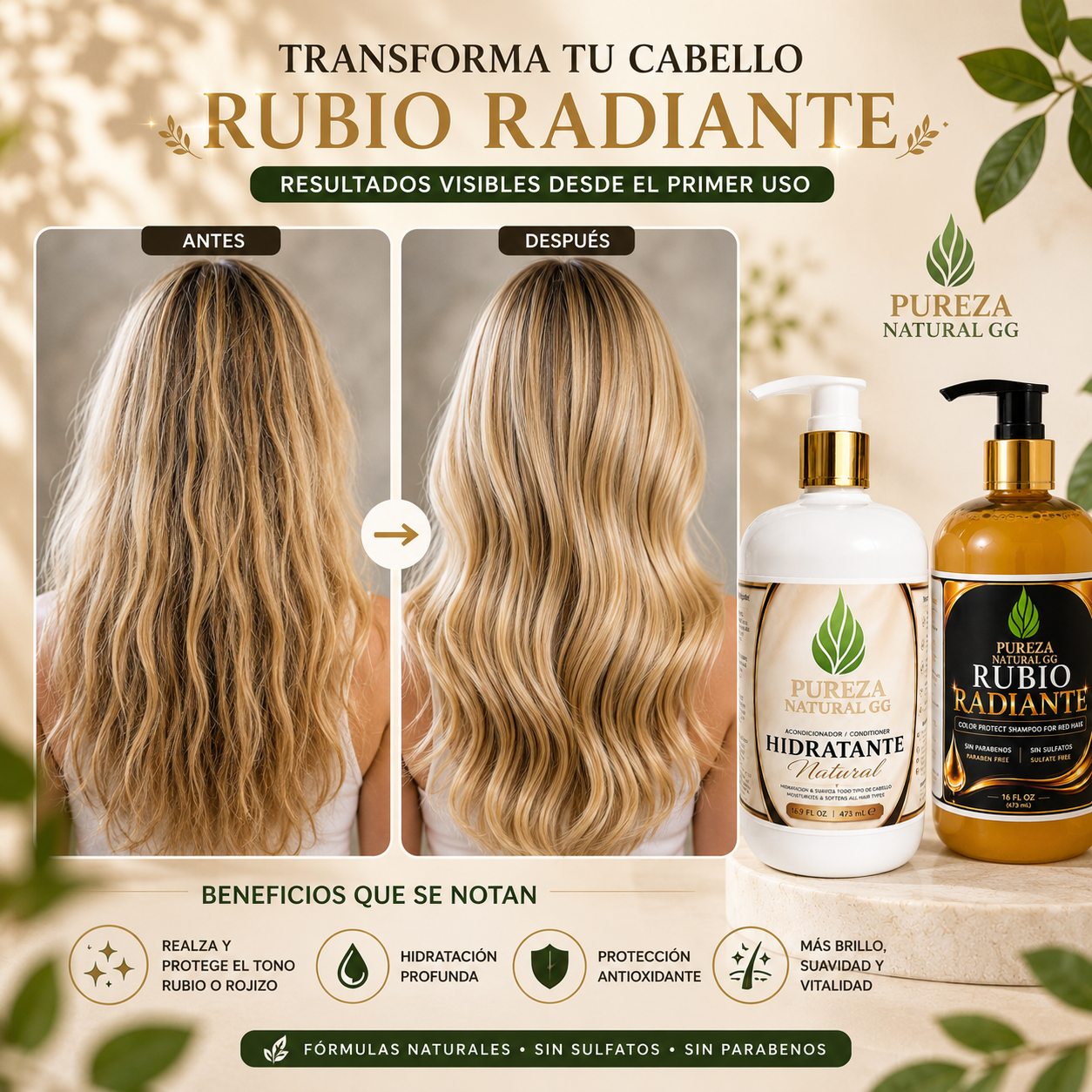 Kit Rubio Radiante mostrando resultados 'antes y después' en el cuidado capilar, con champú y acondicionador de Pureza Natural GG.