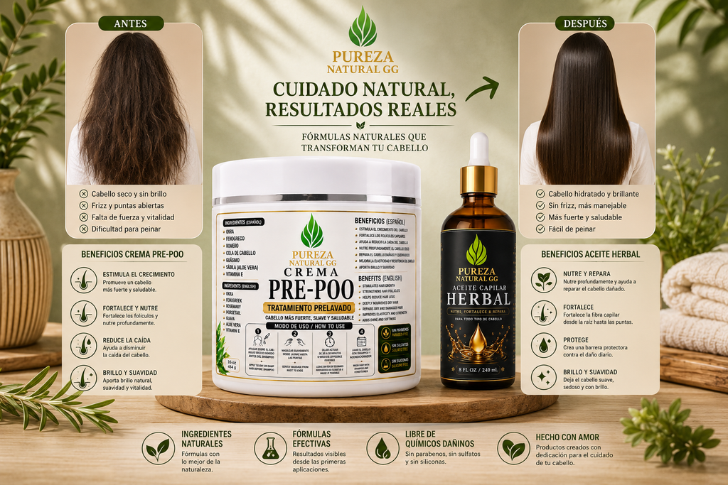 kit crema Pre-Poo y Aceite Capilar Herbal para mejorar la salud del cabello, resultados visibles en la textura del cabello.