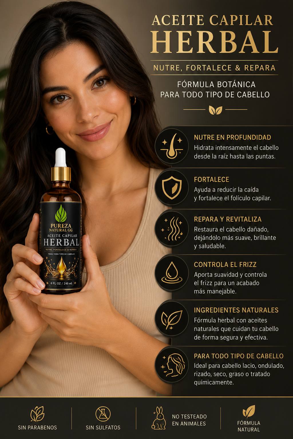 Aceite capilar herbal natural, fórmula botánica que nutre y repara todo tipo de cabello.