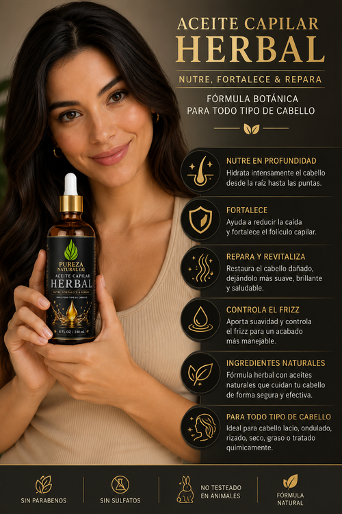 Aceite capilar herbal natural, fórmula botánica que nutre y repara todo tipo de cabello.