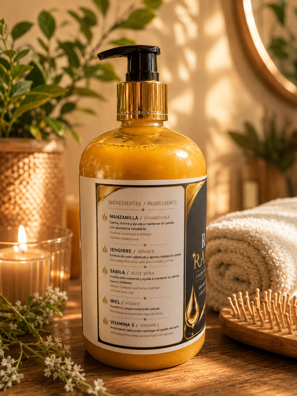 Botella de Shampoo Protector de Color 16 oz con ingredientes naturales como manzanilla y jengibre.