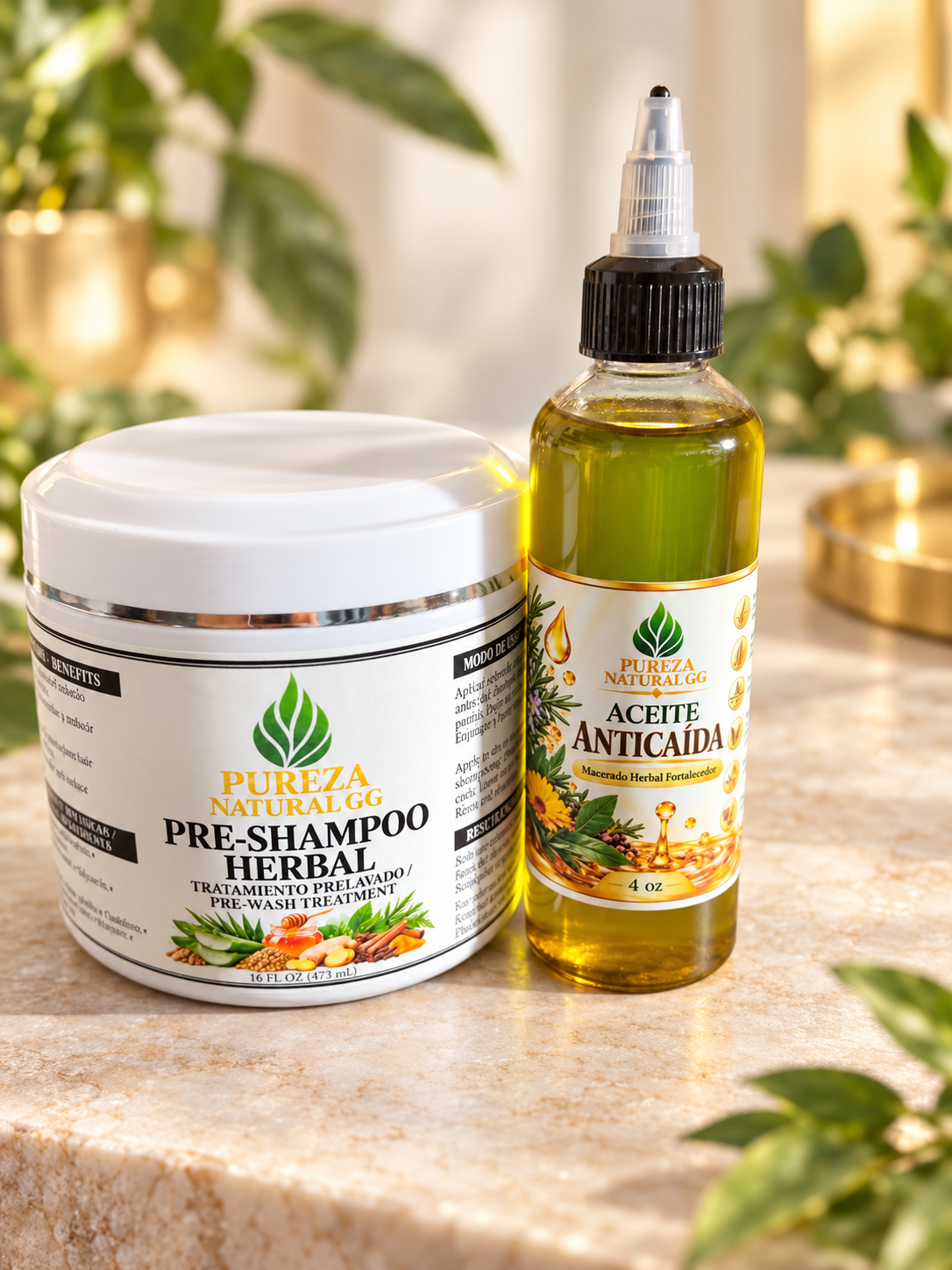 Dúo Capilar Herbal Pureza Natural GG – Pre-Shampoo 16 oz + Aceite Anticaída 4 oz | Nutrición, Fortalecimiento y Cuidado Capilar