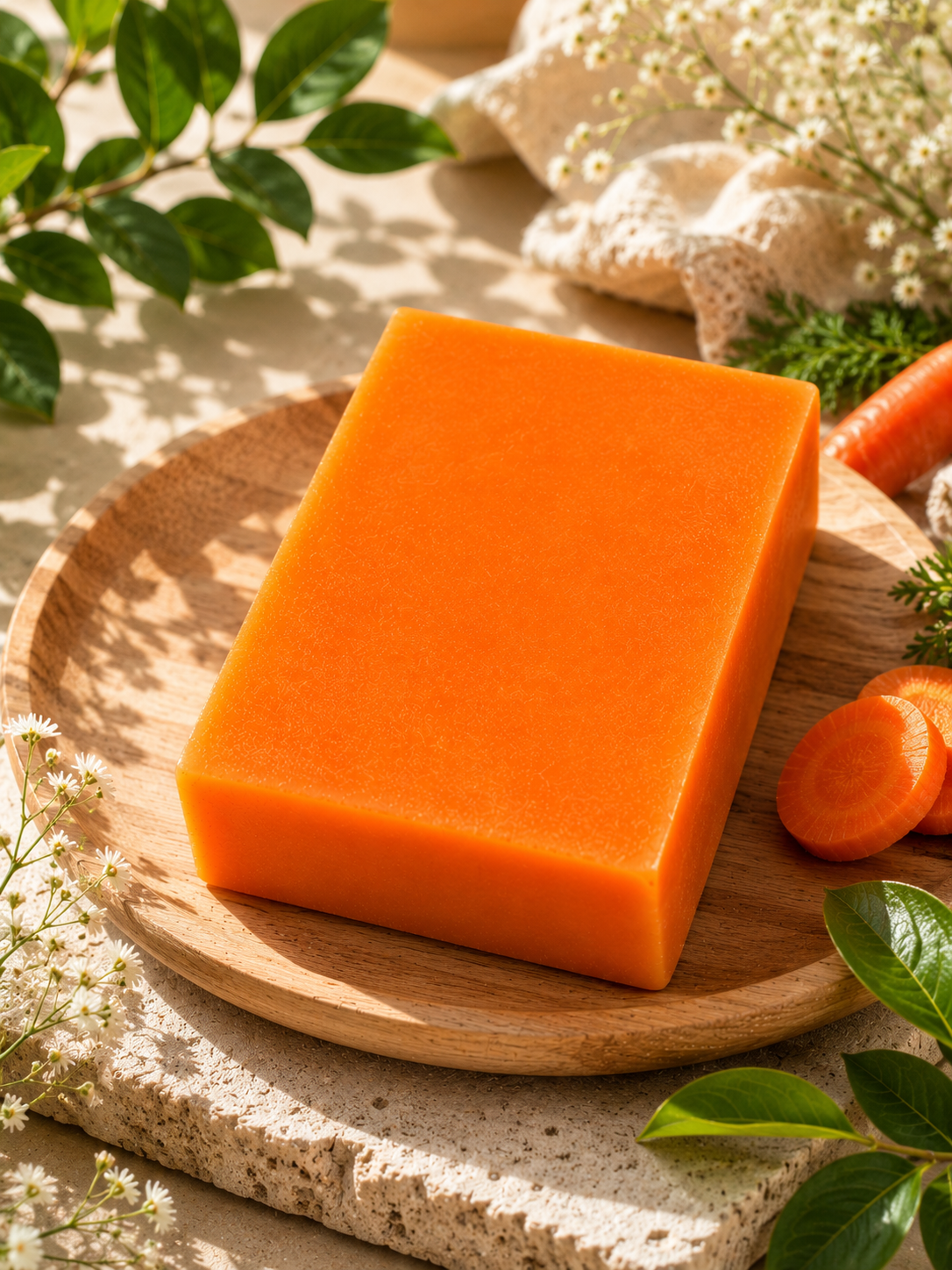 Jabón Artesanal de Zanahoria con Vitamina E sobre una bandeja de madera, rodeado de vegetación fresca.