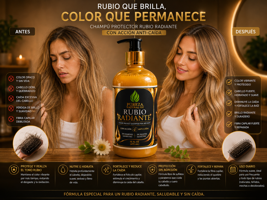 Shampoo protector de color Pureza Natural GG, ideal para mantener el color rubio vibrante y brillante, sin sulfatos ni parabenos.
