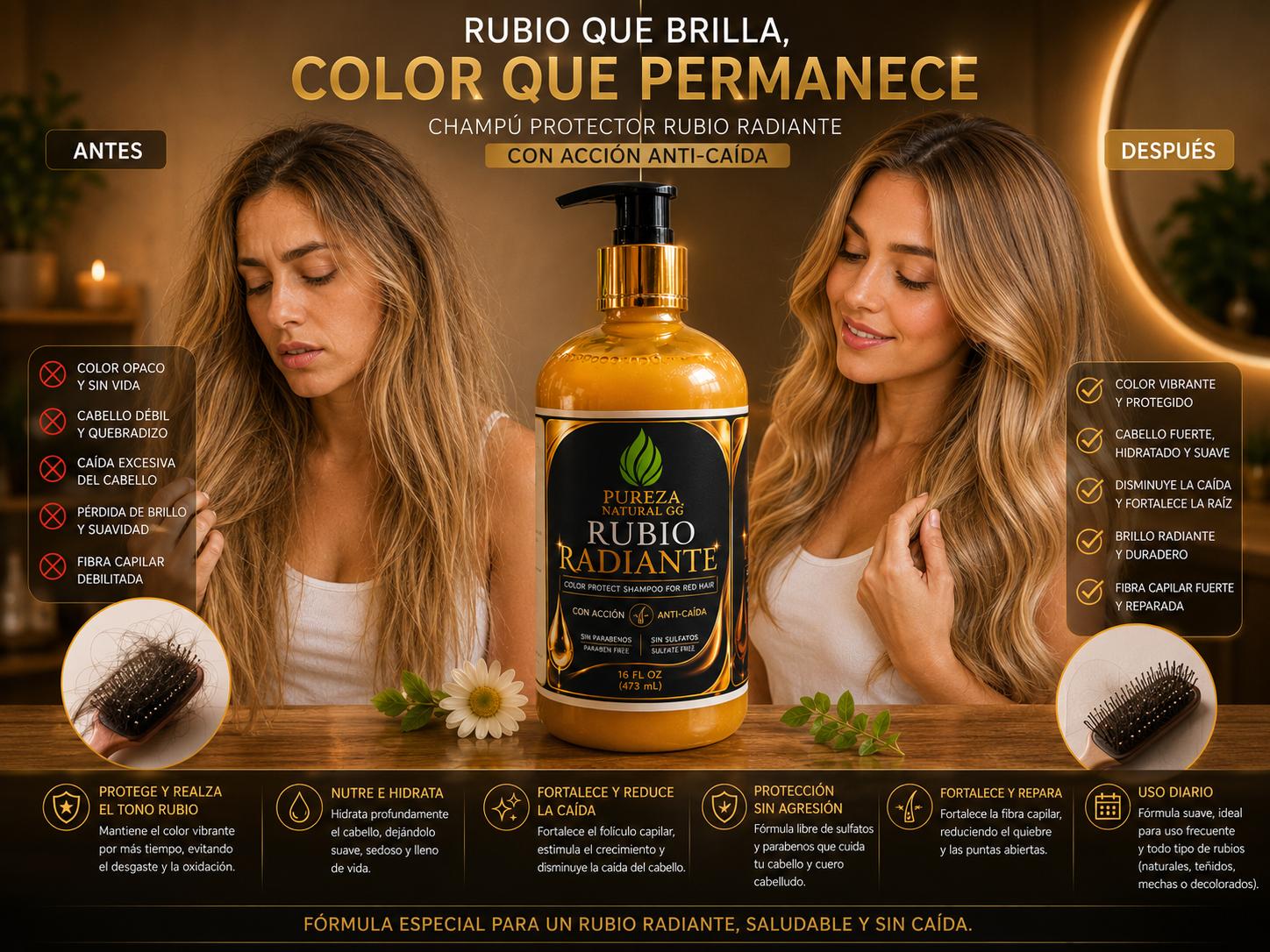 Shampoo protector de color Pureza Natural GG, ideal para mantener el color rubio vibrante y brillante, sin sulfatos ni parabenos.