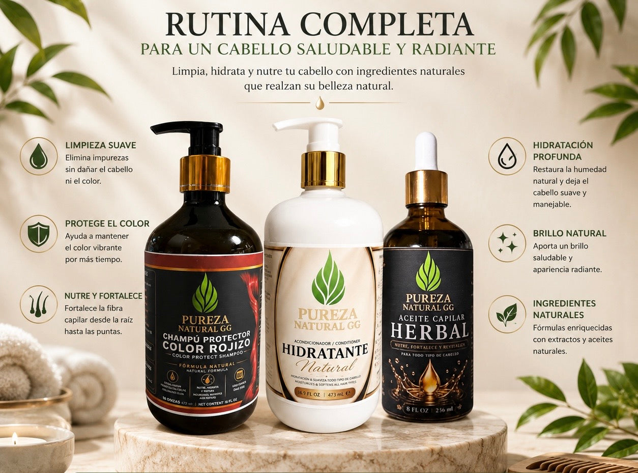 kit cuidado capilar de Pureza Natural GG con champú, acondicionador y aceite para un cabello saludable y radiante.