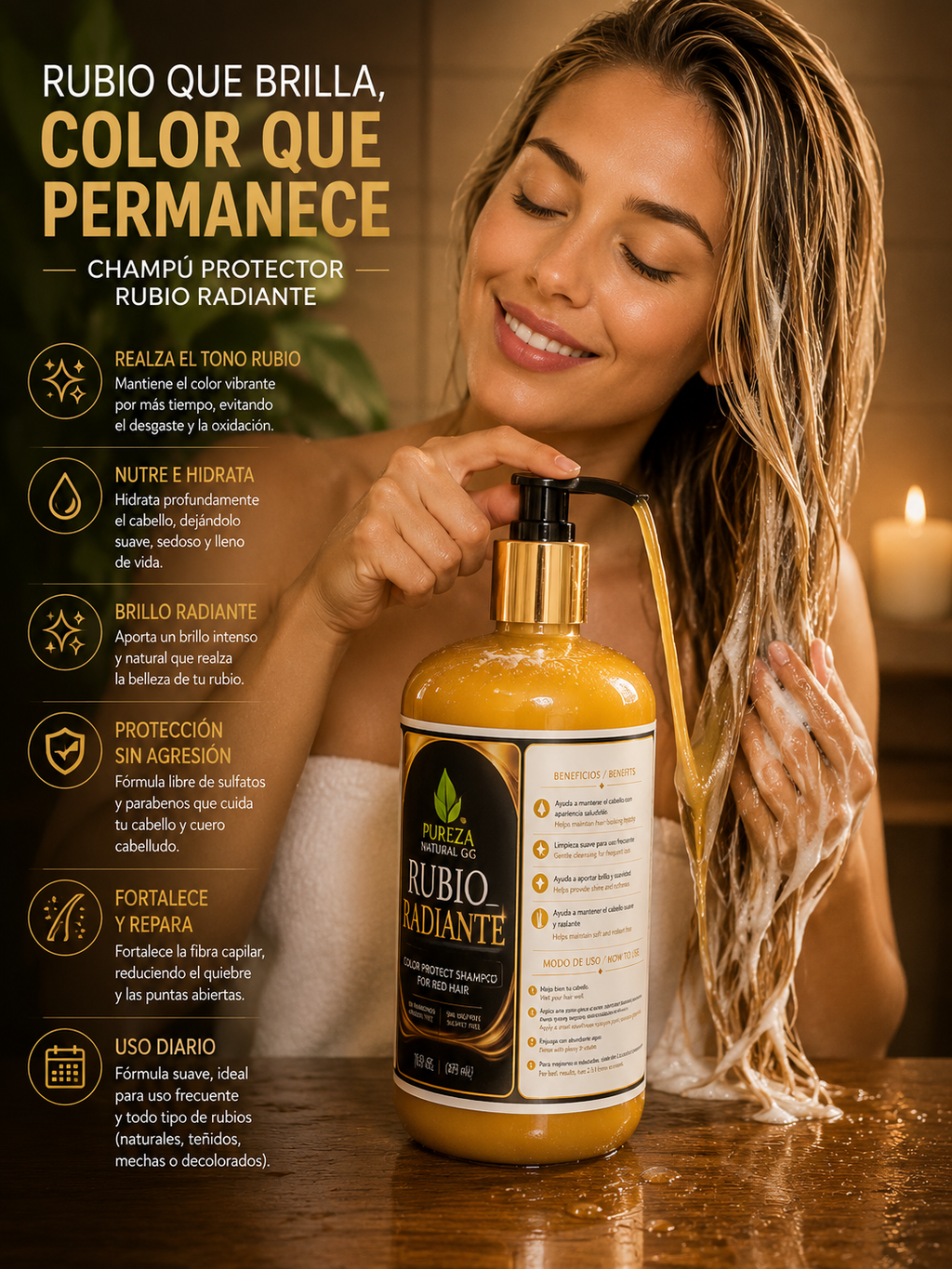 Mujer aplicando Shampoo Protector de Color 16 oz, sin sulfatos y sin parabenos para cabello brillante y manejable.