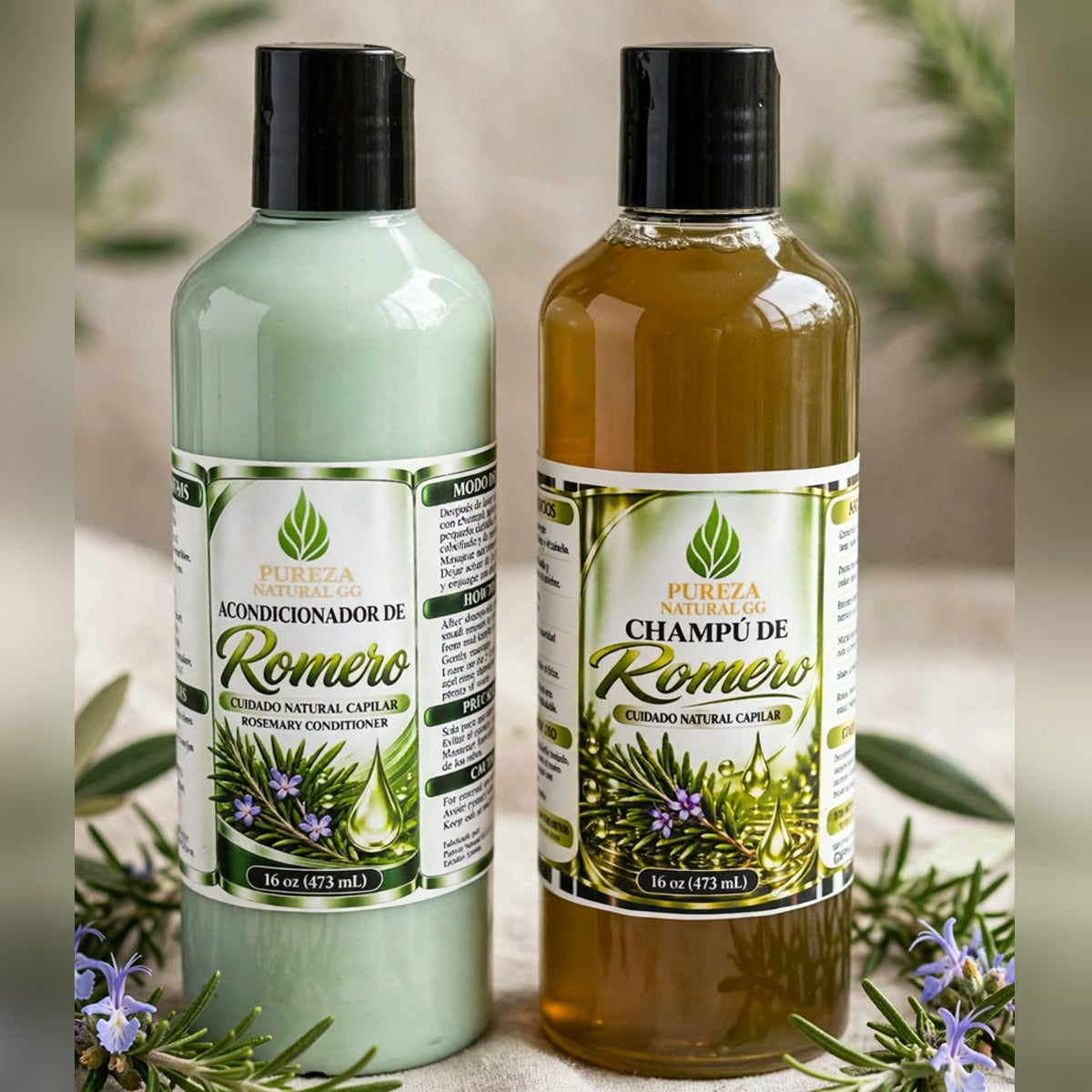 Dúo Capilar de Romero Pureza Natural GG | Champú + Acondicionador 16 oz – Fortalecimiento, Hidratación, Suavidad y Brillo