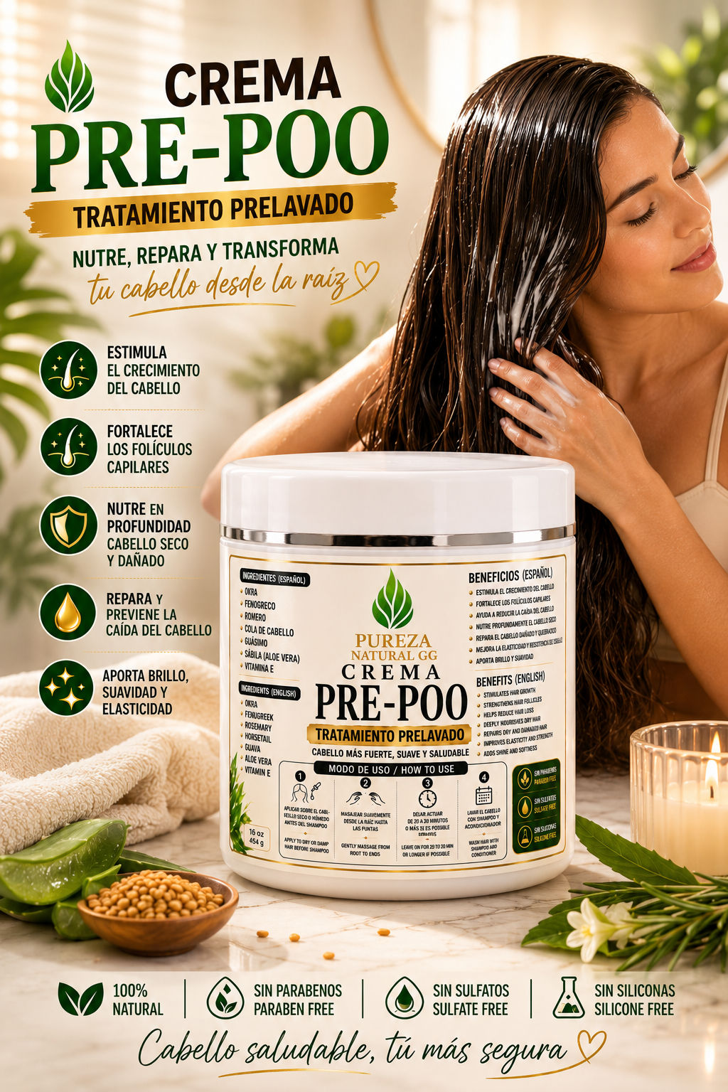 Crema Pree-Poo nutritivo con hierbas, tratamiento prelavado para cabello saludable y suave.