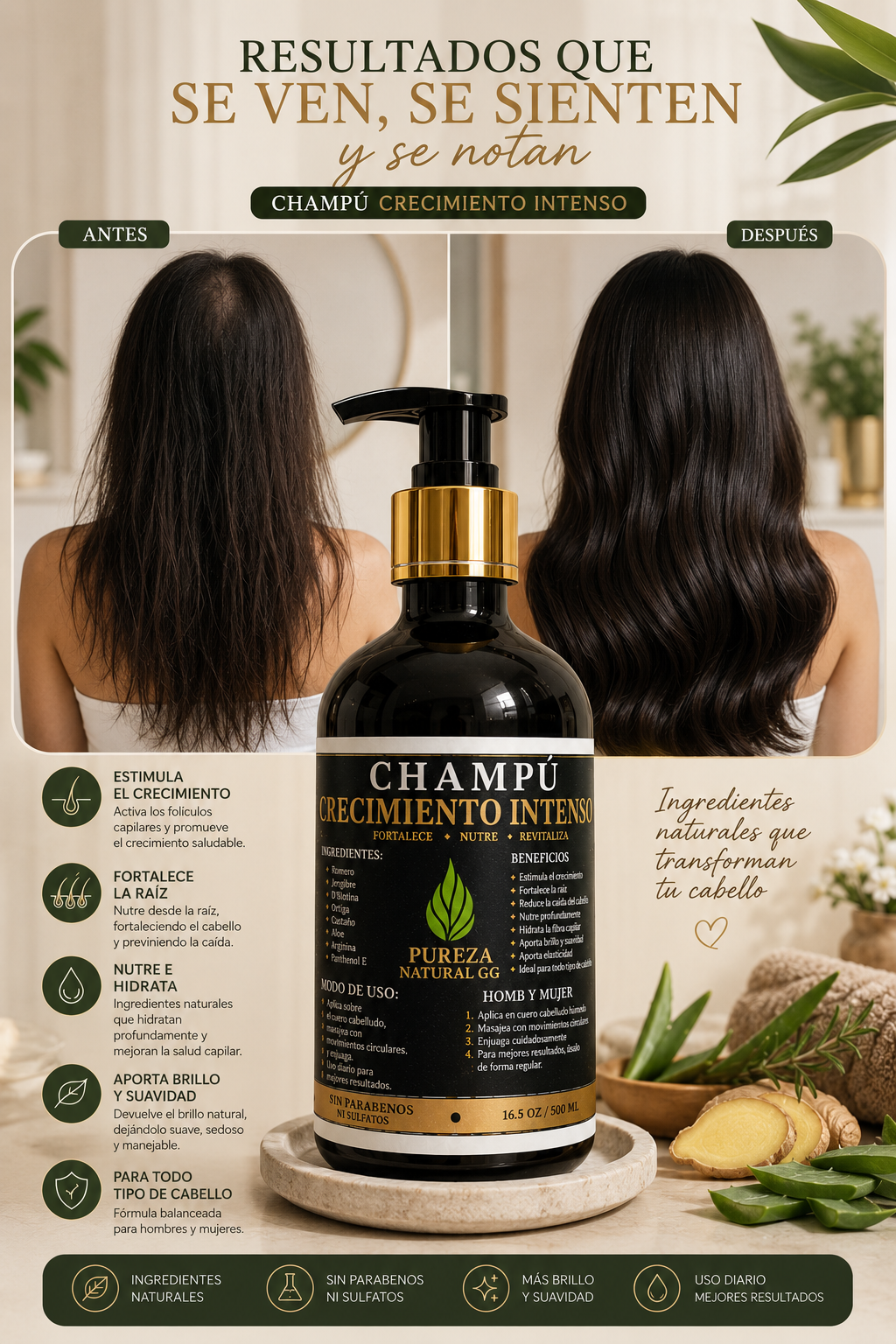 Champú Crecimiento Intenso Pureza Natural GG | Fórmula con Ingredientes Naturales para el Cuidado del Cabello | 16.5 oz / 500 ml