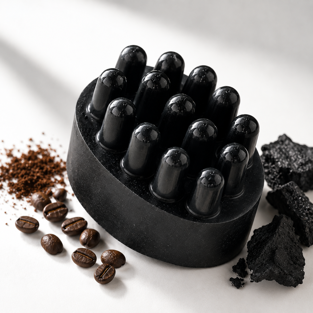 jabón artesanal de café carbón activado con grano de café y carbón en la base