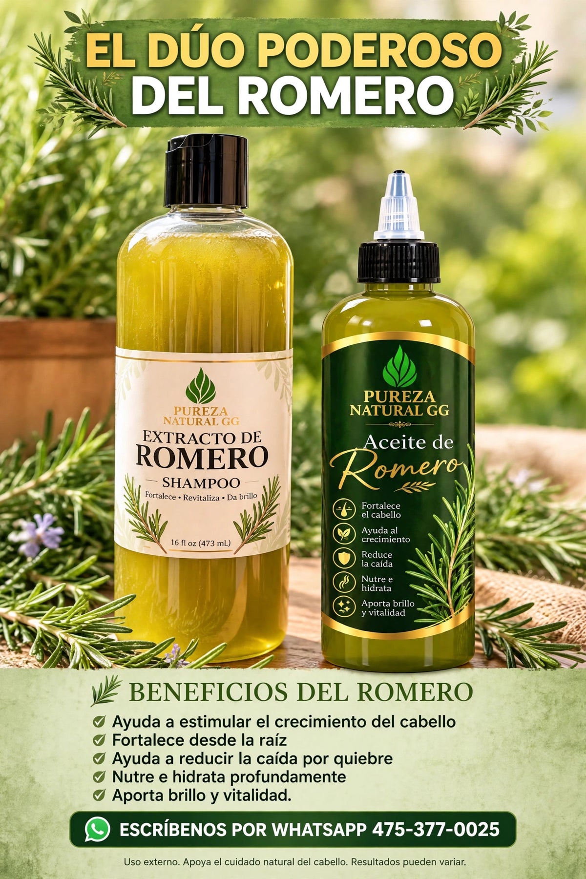 Dúo de Romero – Shampoo de Extracto de Romero 16 oz + Aceite Capilar de Romero | Fortalece, Nutre y Aporta Brillo