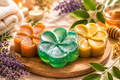 Set de jabones artesanales naturales en forma de flores, ideal para el cuidado de la piel y aromaterapia.