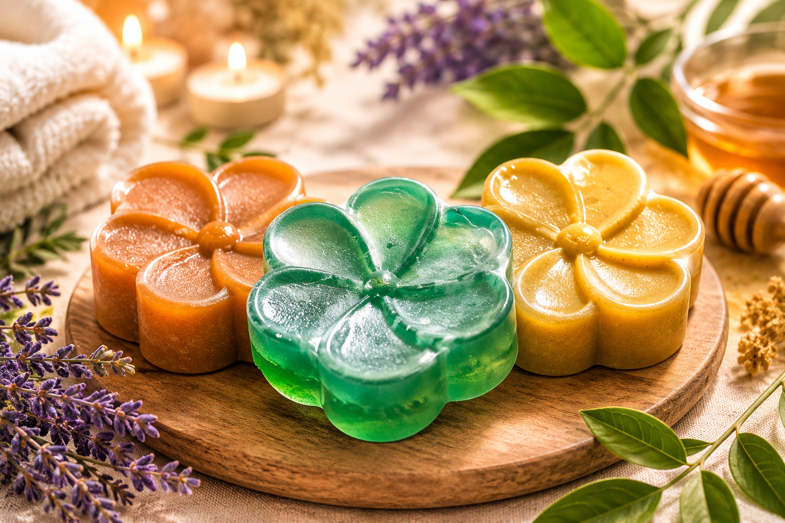 Set de jabones artesanales naturales en forma de flores, ideal para el cuidado de la piel y aromaterapia.