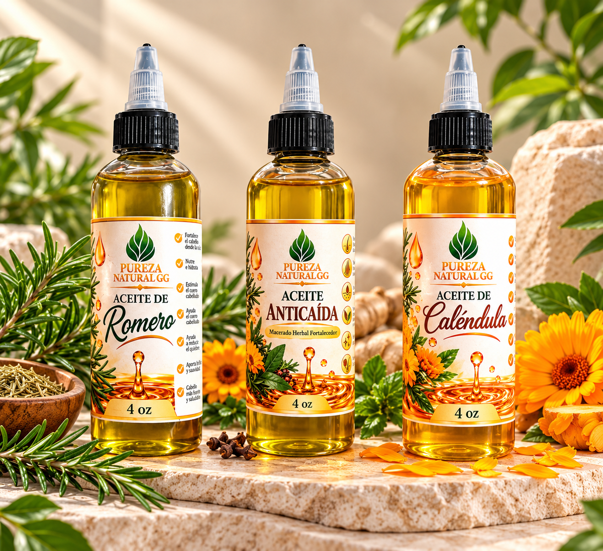 Trío de Aceites Naturales Pureza Natural GG 4 oz | Aceite Anticaída Herbal, Romero y Caléndula – Nutrición, Fortalecimiento y Brillo