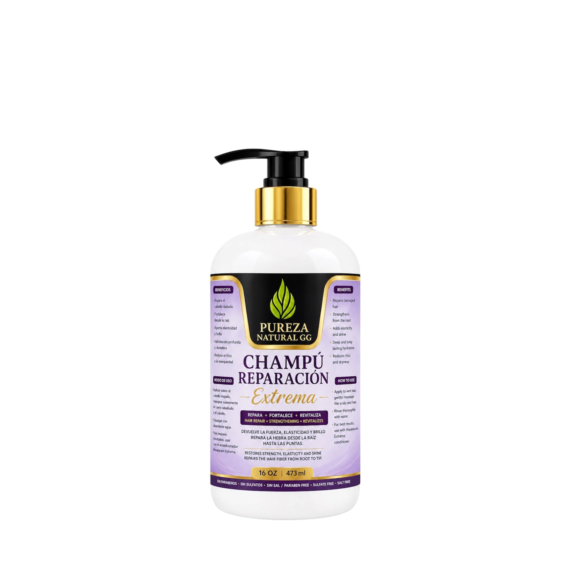 Botella de champú Reparador Extrema de Pureza Natural GG para reparar y fortalecer el cabello dañado.