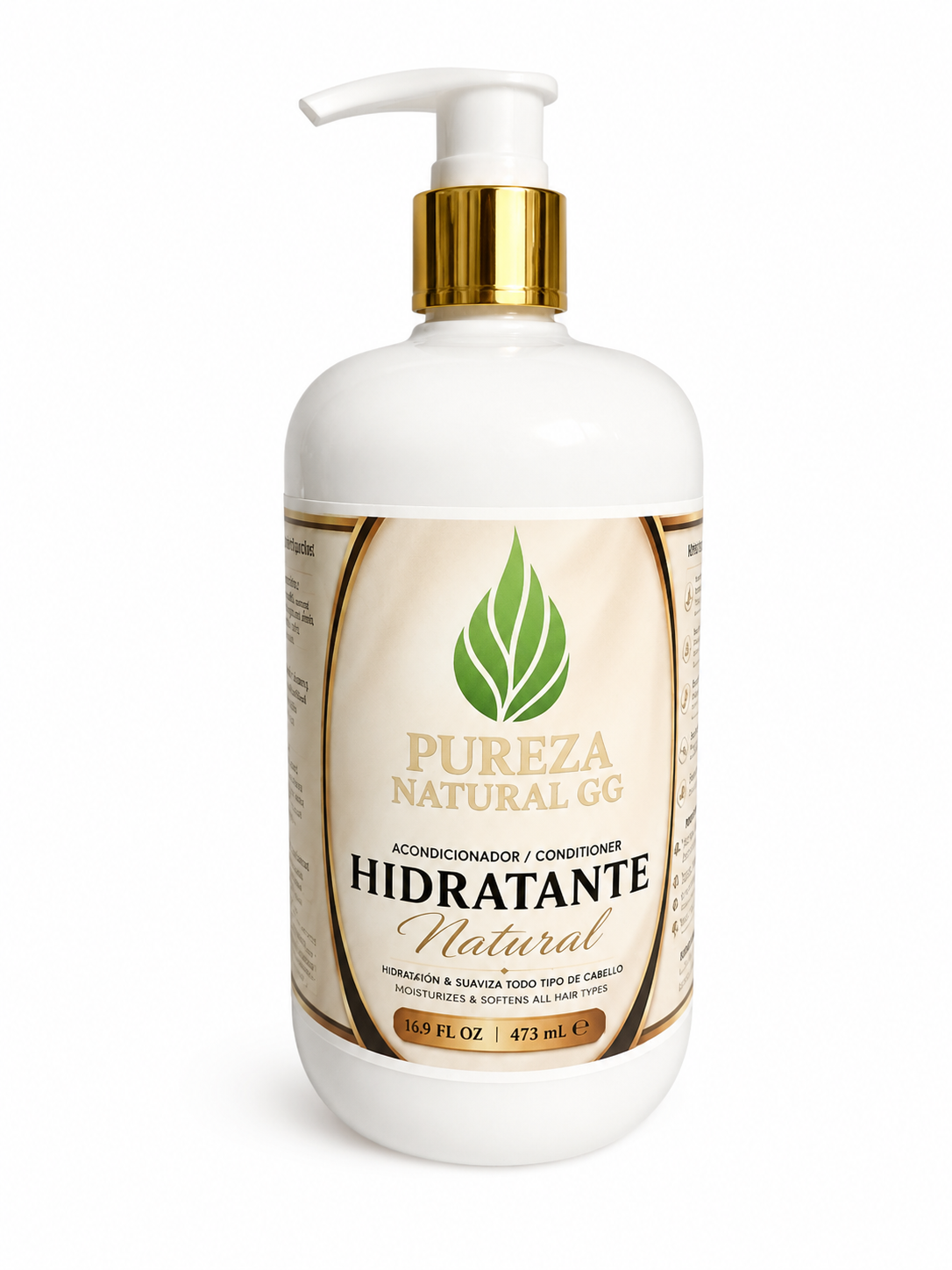 Botella de acondicionador hidratante natural Pureza Natural GG, ideal para una hidratación profunda y brillo en el cabello.