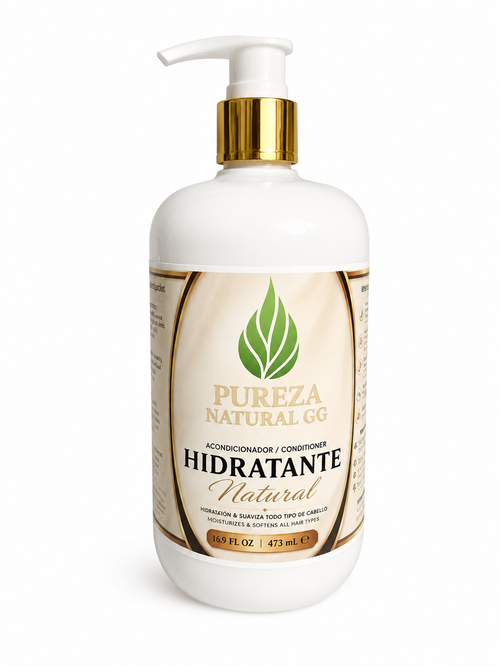 Botella de acondicionador hidratante natural Pureza Natural GG, ideal para una hidratación profunda y brillo en el cabello.