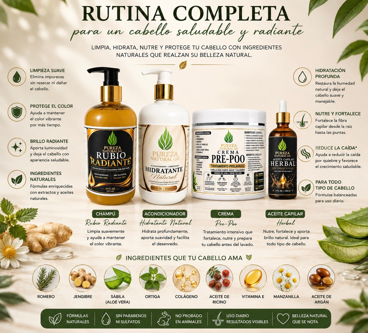 Kit Completo Cuidado Capilar Natural que limpia, hidrata y nutre el cabello con ingredientes naturales para un cabello saludable.