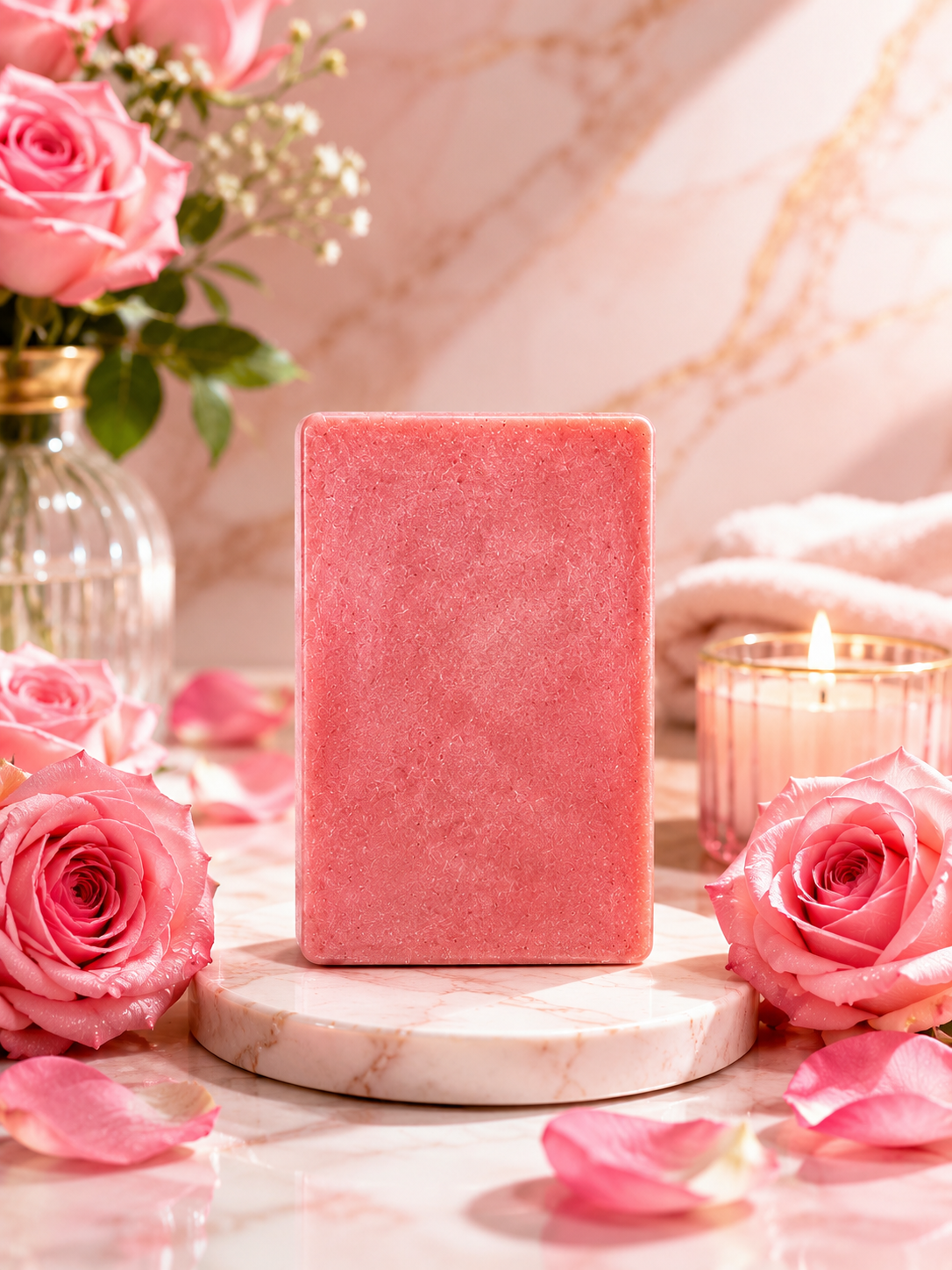 jabón artesanal de colágeno con rosas sobre mármol rodeado de rosas y vela.
