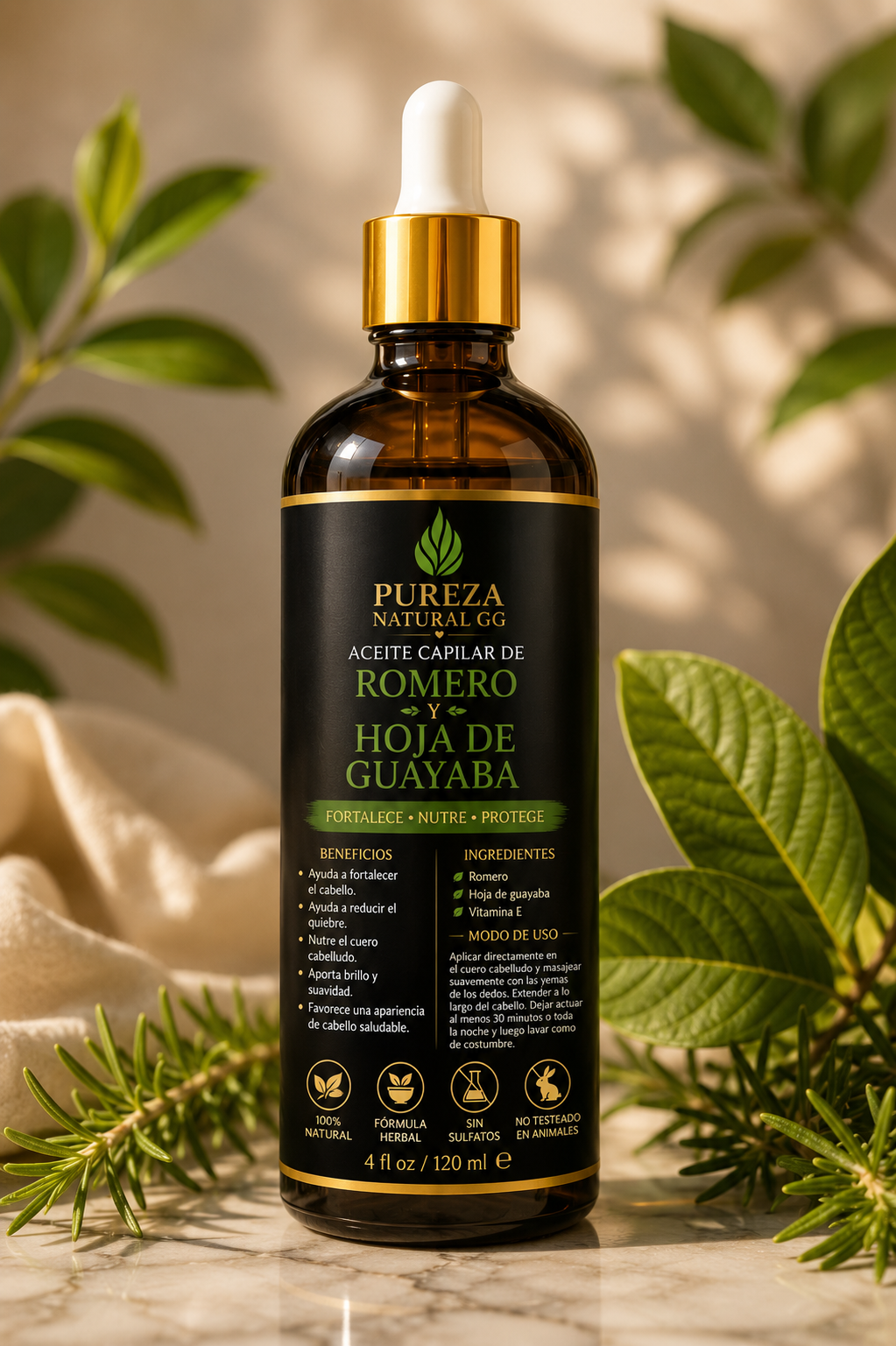 Aceite capilar de romero y guayaba de Pureza Natural GG, fórmula herbal para cabello fuerte y brillante.