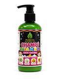 Champú natural para niños con ingredientes como manzanilla, sábila, miel y caléndula, en frasco verde