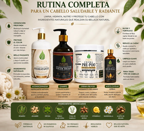 Rutina completa para un cabello saludable y radiante, incluye productos de cuidado capilar natural completo.