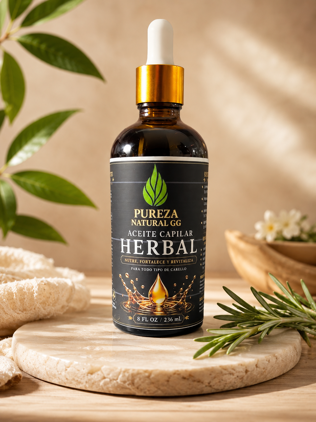 aceite capilar herbal nutrición intensa en frasco con gotero, ingredientes naturales para fortalecer el cabello.