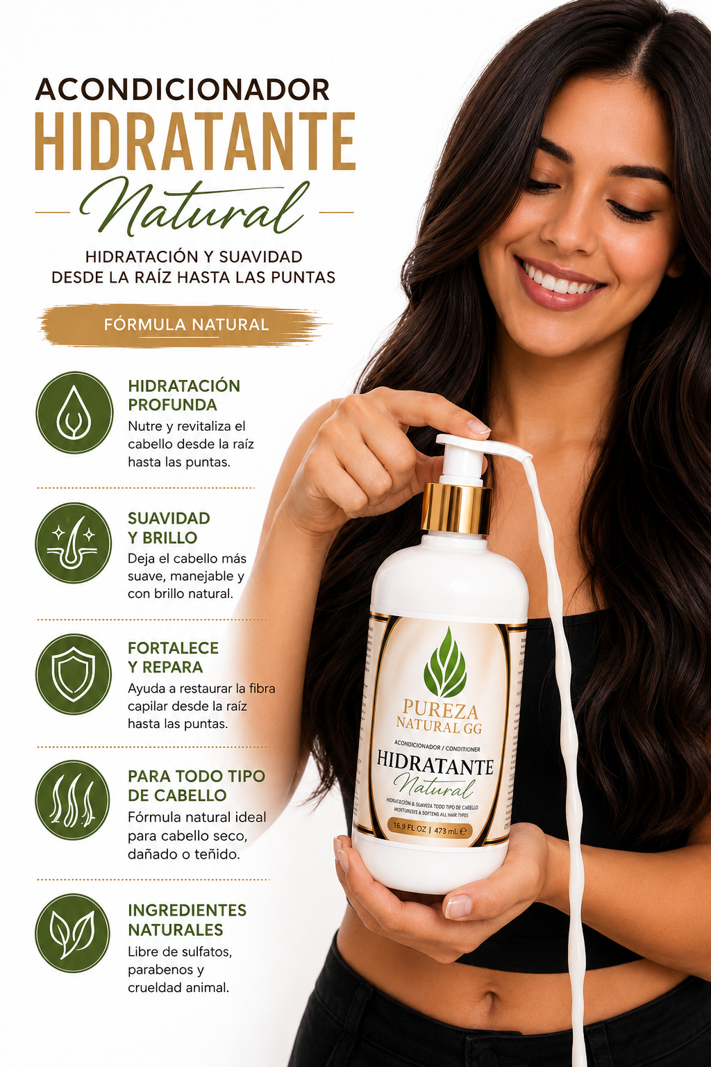 Acondicionador Hidratante Natural Pureza Natural GG con hidratación profunda y brillo para un cabello saludable.