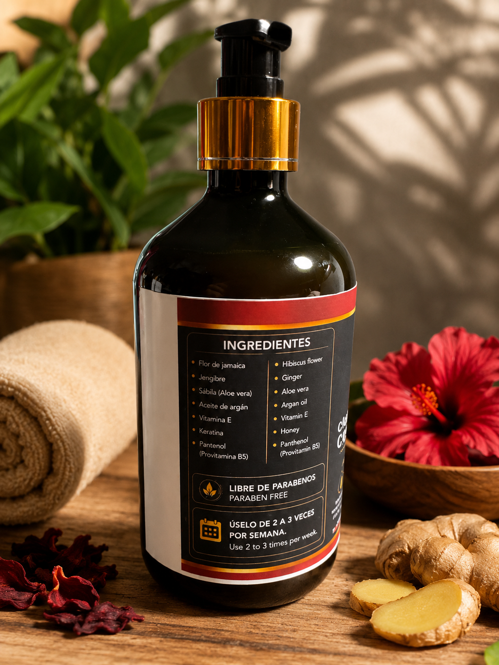 Botella de shampú herbal nutritivo con ingredientes naturales y libres de parabenos, ideal para el cuidado del cabello.