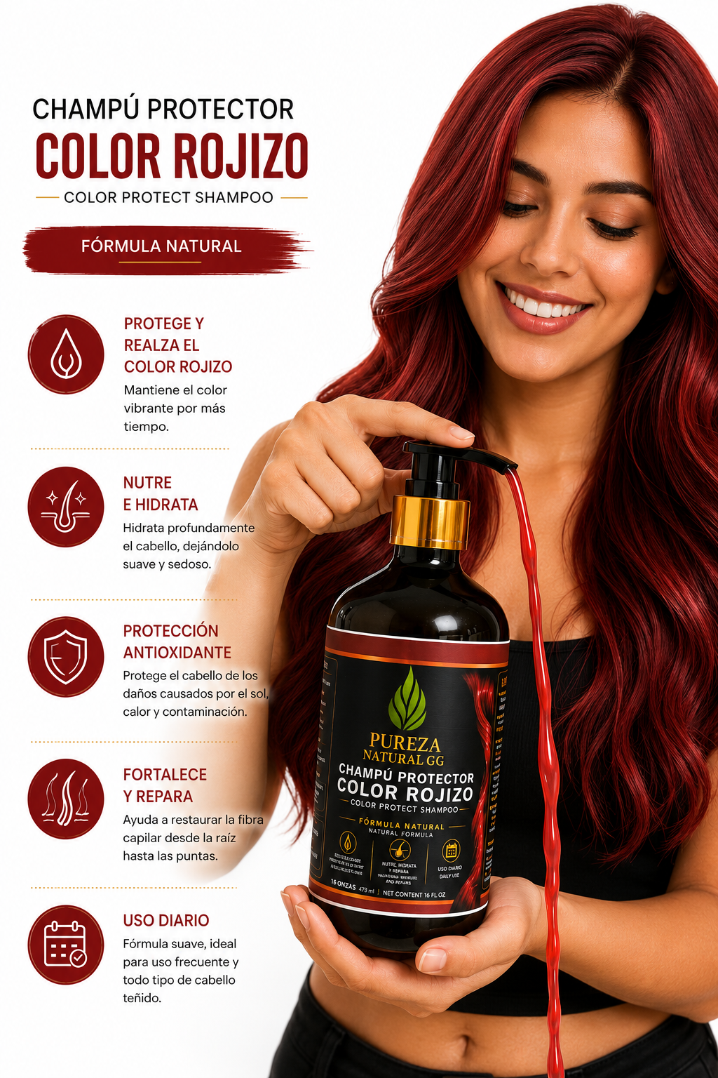 Shampú herbal nutritivo Pureza Natural GG para cabello teñido, con fórmula protectora color rojizo de 16 oz.