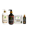 Productos de cuidado capilar natural completo, incluyendo champú, crema y aceite para un cabello saludable.