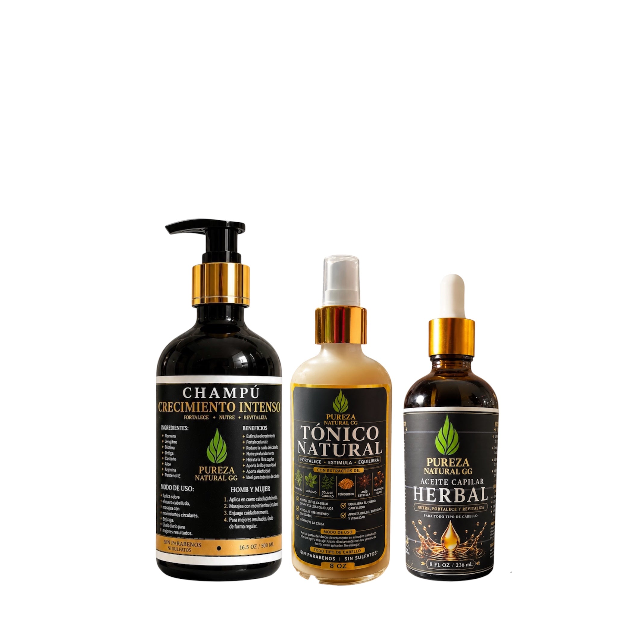 Champú Crecimiento Intenso + Tónico Natural + Aceite Capilar Herbal | Pureza Natural GG
