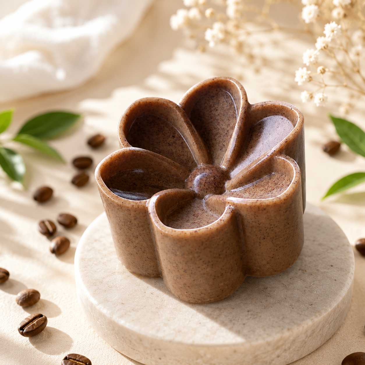 Jabón artesanal canela miel Vitamina E con forma de flor, ideal para limpiar e hidratar la piel.