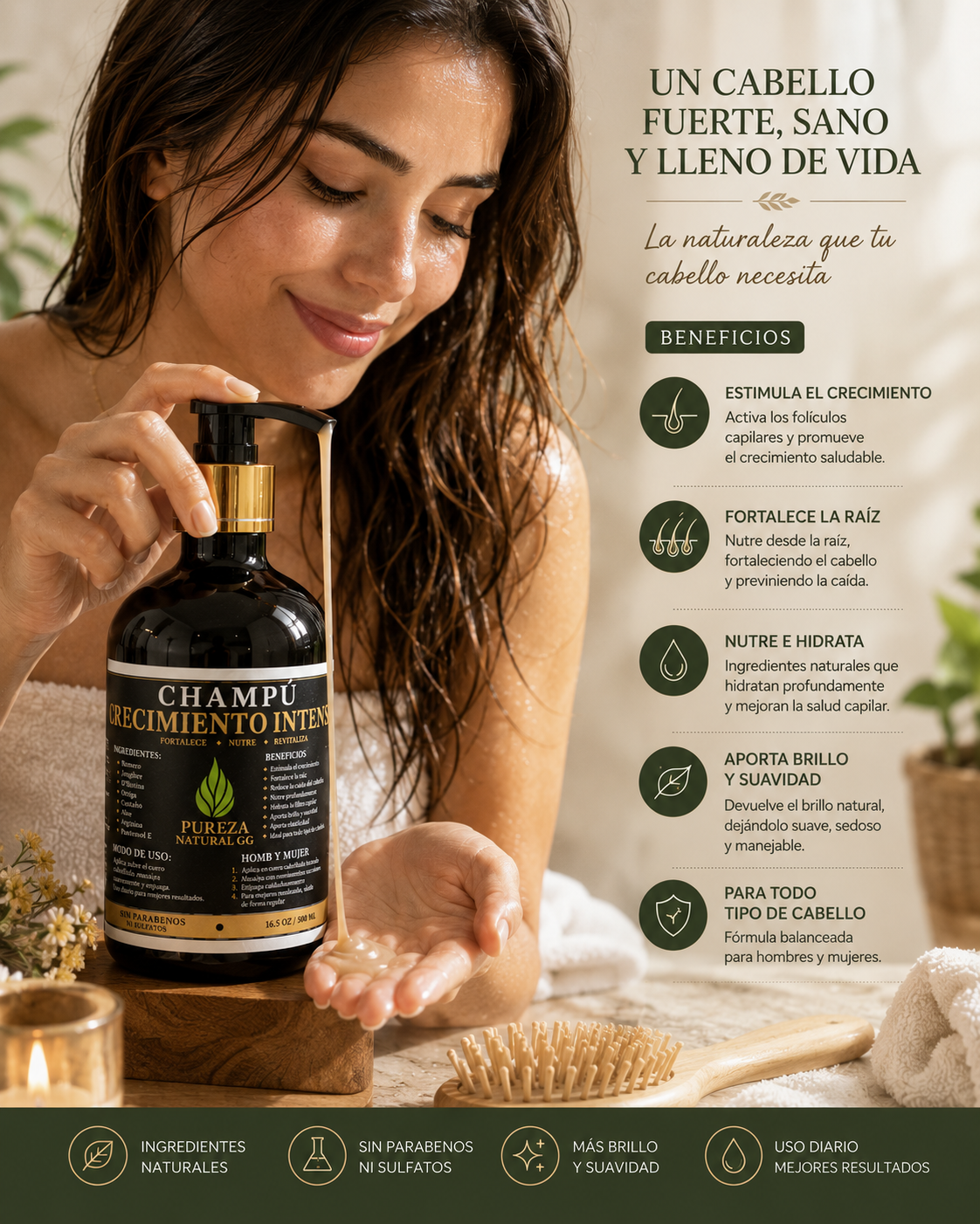 Champú Crecimiento Intenso Pureza Natural GG | Fórmula con Ingredientes Naturales para el Cuidado del Cabello | 16.5 oz / 500 ml