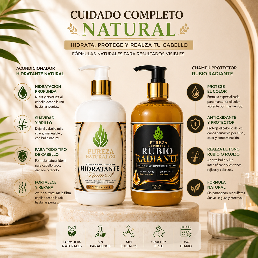 Kit Rubio Radiante y Acondicionador Hidratante Natural de Pureza Natural GG para cuidado completo del cabello.