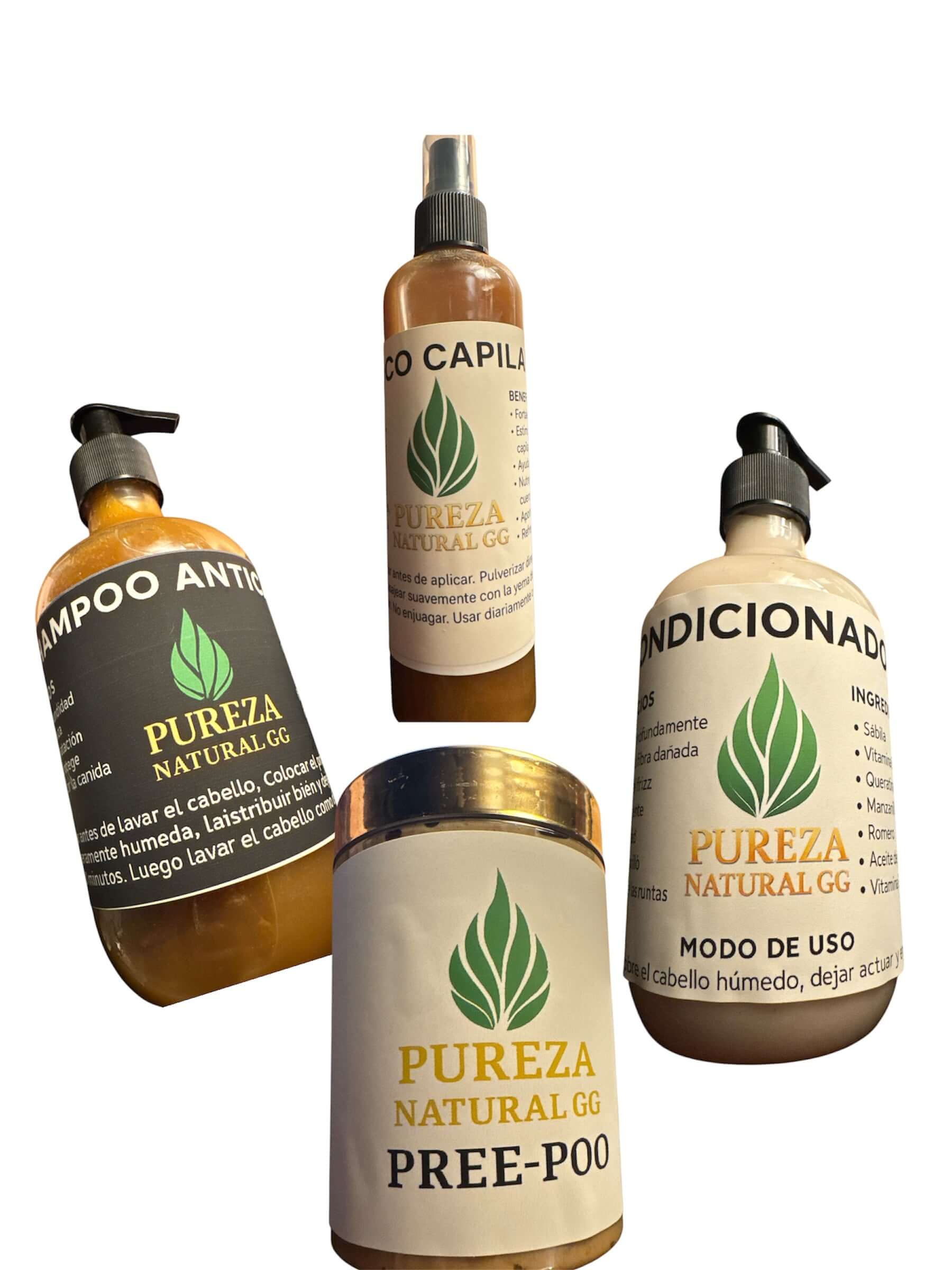 Set Capilar de 4 Pasos – Shampoo, Acondicionador, Tónico y Pree-Poo | Pureza Natural GG