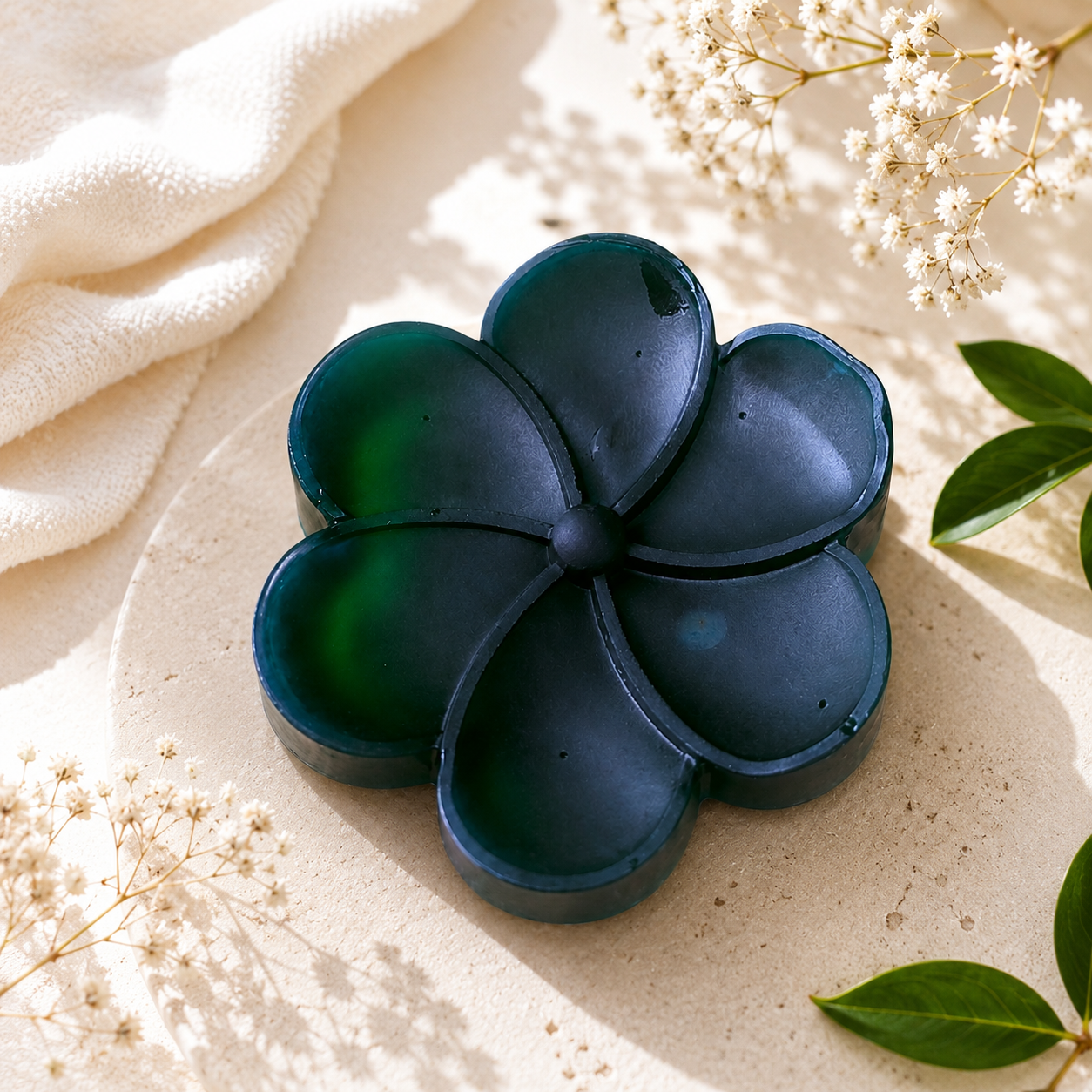 jabón artesanal de menta en forma de flor en colores azul y verde, rodeado de hojas y flores.