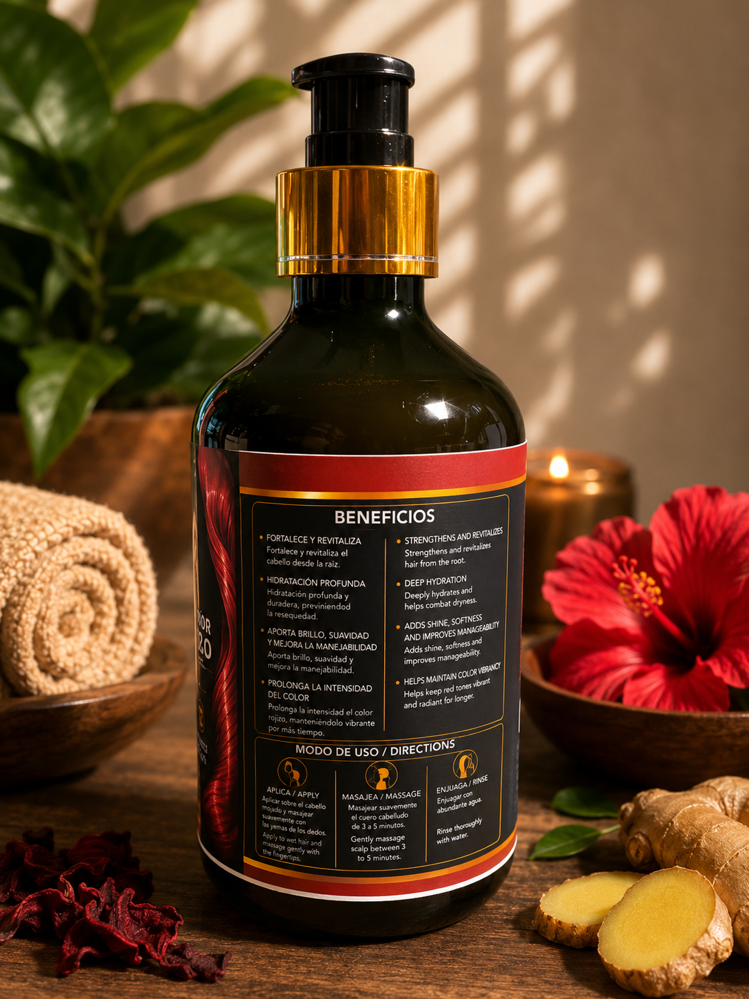 Botella de shampú herbal nutritivo Pureza Natural GG con beneficios para cabello teñido y saludable.