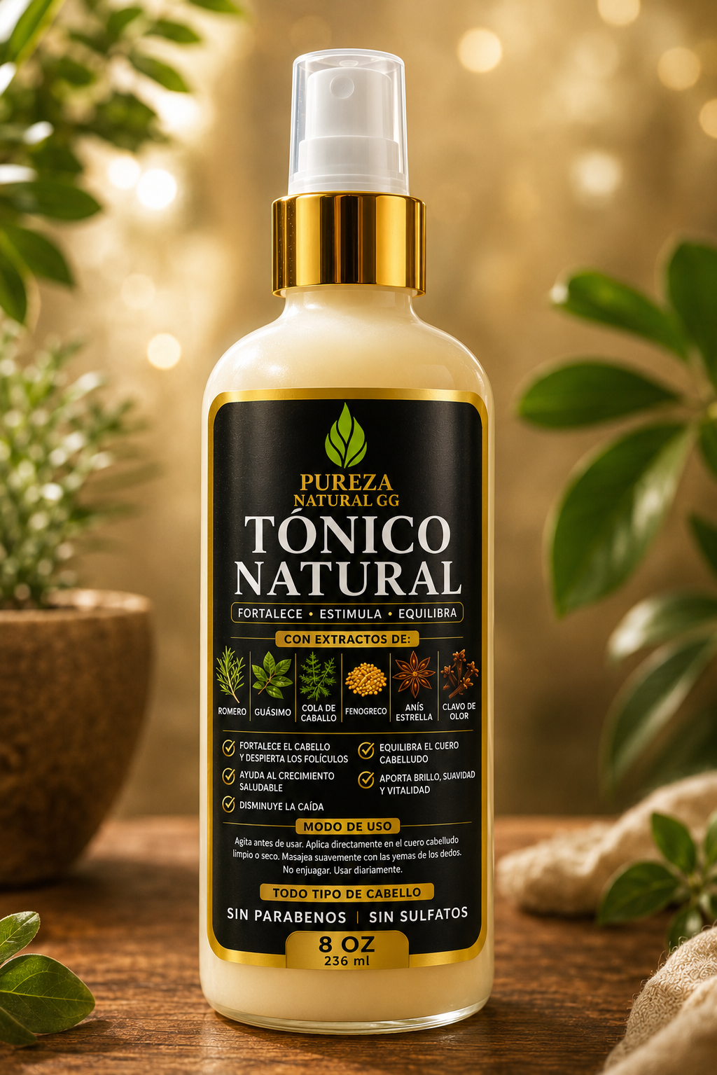 Tónico natural para cabello sano de Pureza Natural GG, en envase de 8 oz con extractos naturales revitalizantes.