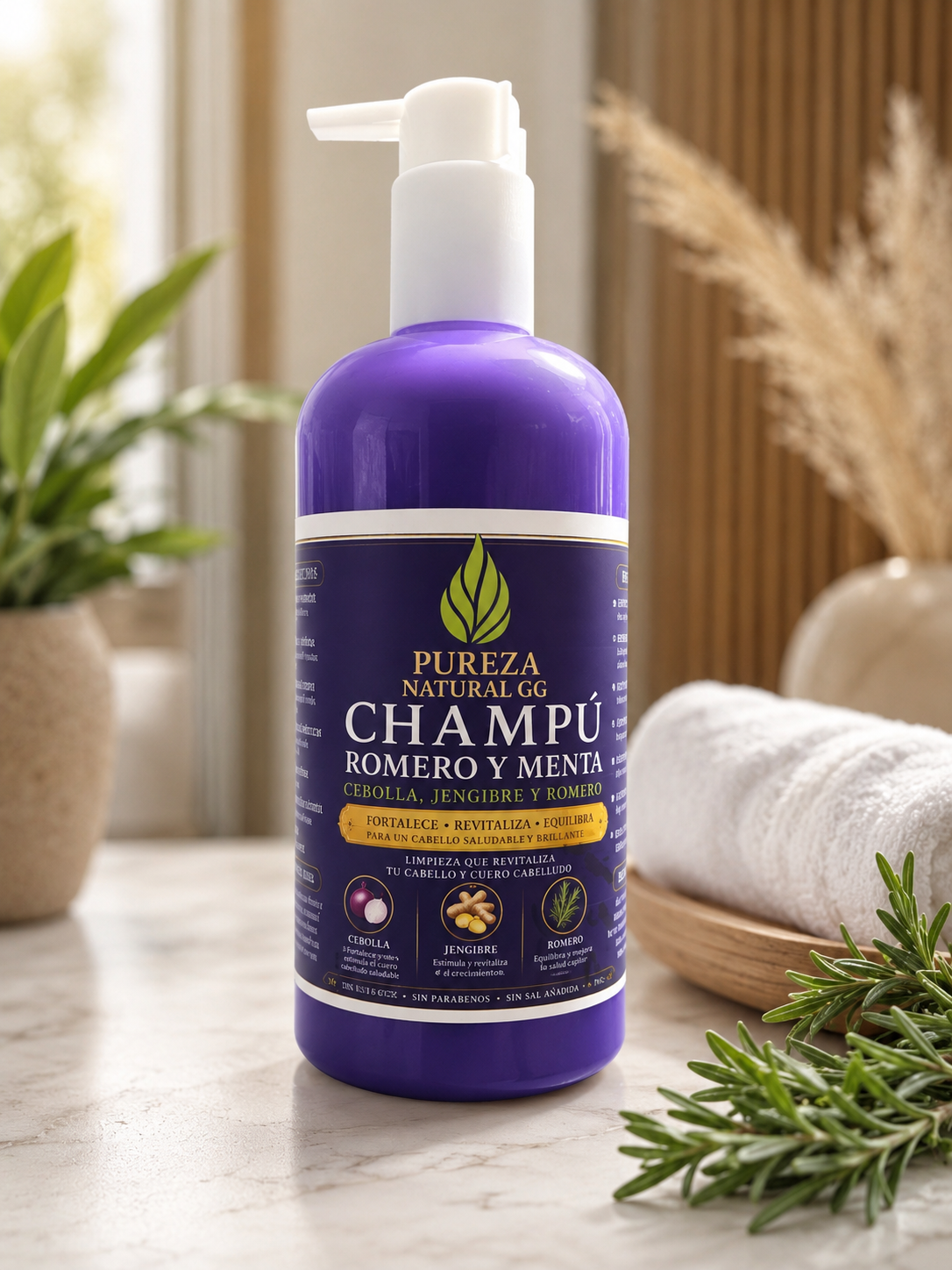 Botella de champú cebolla jengibre romero con ingredientes naturales en entorno acogedor.