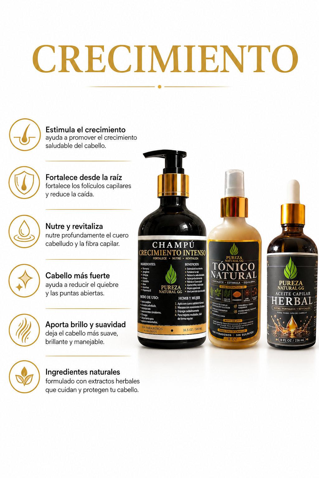 Champú Crecimiento Intenso + Tónico Natural + Aceite Capilar Herbal | Pureza Natural GG
